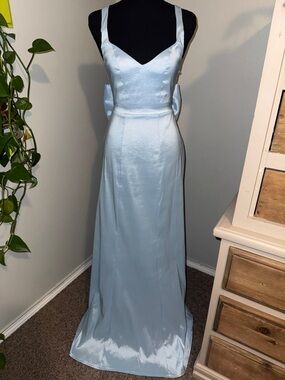 Show Me Your MuMu Light Blue Satin Maxi Dress with Bow Back Detail